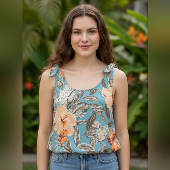 Dynamite Tops - Dynamite Teal Floral Tie-Strap Camisole